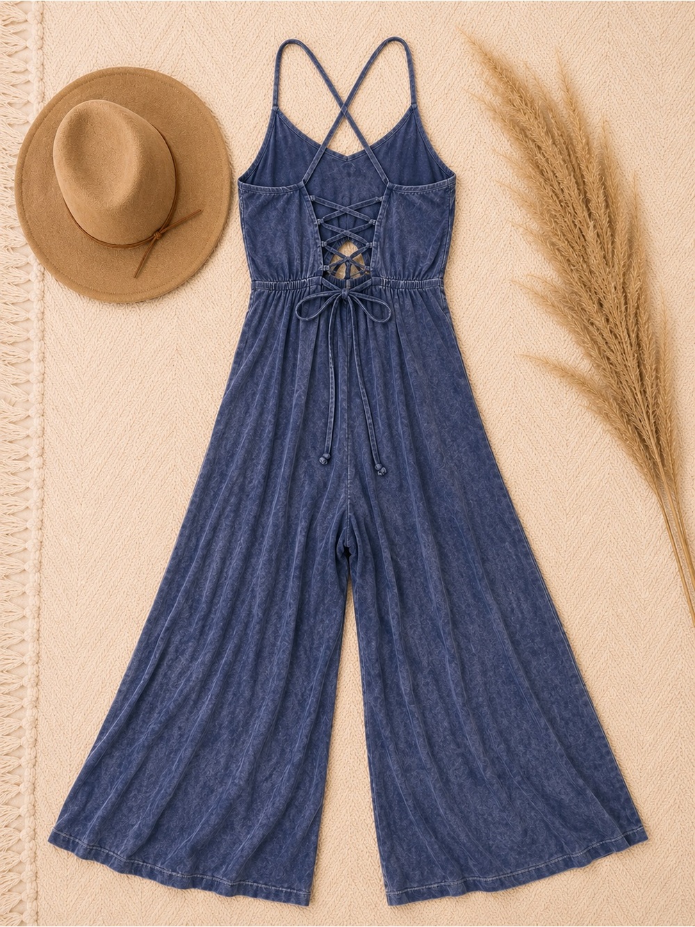 Women's Blue Wide-Leg Jumpsuit with Crisscross Straps - Picture 2 of 2
